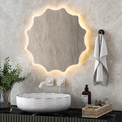 Immagine prodotto di Specchio da bagno illuminato, design a onda, antiappannamento, dimmerabile da 3000K a 6500K, 60 x 60 cm
