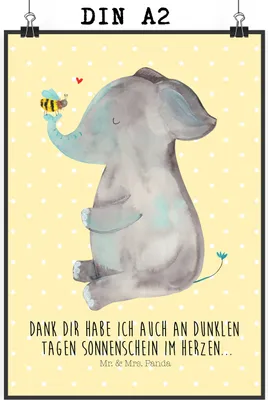Produktbild von Mr. & Mrs. Panda Bild Elefant Biene DIN A2 - Gelb Pastell - Geschenk, kunstdruck poster, drucke, Liebe, Lustige Sprüche, Wandbild, Heiratsantrag, Liebesspruch, wanddeko