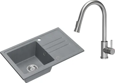 Produktbild von VBChome Spülbecken Granit Grau mit Armatur 70 x 44 cm Einzelbecken Einbauspüle Gesprenkelt Reversibel Granitspüle Siphon Waschbecken Armatur Inox Ausziehbarem Auslauf