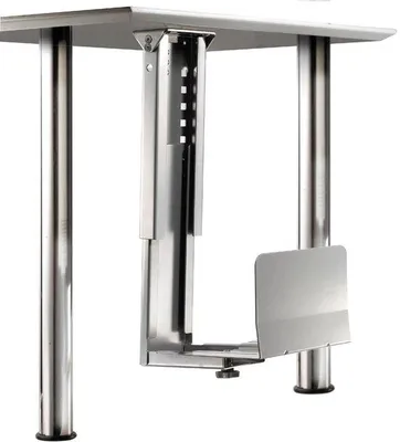 Immagine prodotto di Supporto regolabile per CPU Unyqoos® da montare sotto la scrivania, in metallo color argento – forma a L, capacità fino a 30 kg, regolabile in altezza e larghezza