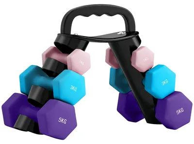 Immagine prodotto di Set di manubri con supporto, composto da 6 manubri | Colore: Rosa e blu | Dimensioni: 42x10x30 cm