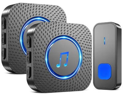 Immagine prodotto di SURFOU, Campanello wireless, portata fino a 400 metri, resistente all'acqua per uso esterno, ideale per la porta d'ingresso, con ricevitore da collegare e indicatori LED, 5 livelli di volume, 55 melodie (2 ricevitori neri + 1 trasmettitore nero)