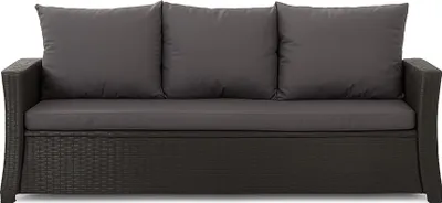 A front view of a dark brown rattan sofa with three dark gray cushions.