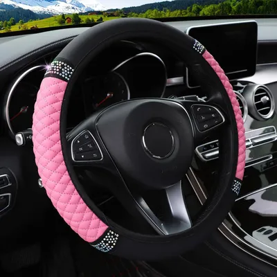Produktbild von Elastische Lenkradhülle mit Strass-Steinen - Kunstleder mit Bling für 37-38 cm Lenkräder (Rosa)