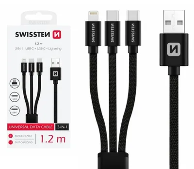 Produktbild von Swissten, 3-in-1 Kabel USB auf iPhone Lightning und 2x USB-C Anschlüsse, Schwarz