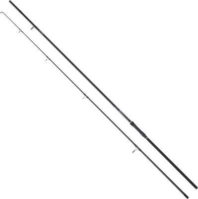 A black fishing rod is shown against a white background.