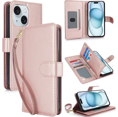 Produktbild von Mobigear Wallet iPhone 15 Hülle Klapphülle Geldbörse - Roségold