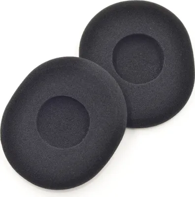 Two black foam ear pads for headphones are shown on a white background.
