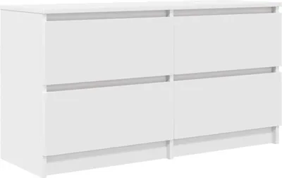 A white dresser with six drawers against a white background.