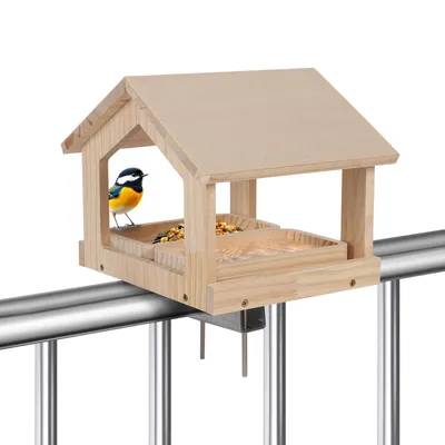 Produktbild von Vogelhaus Balkon-Vogelfutterstelle mit Kohlenstoffstahl-Gestell, Naturholz , wetterfest, Handarbeit und einfache Installation, zwei Schalen