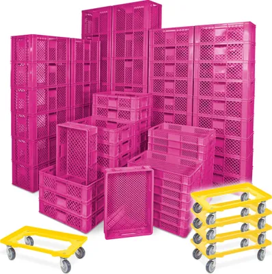 Produktbild von 78 Stück Stapelkörbe/Bäckerkästen in 5 Größen, Grundmaß LxB 600 x 400 mm, H 90 mm, 150 mm, 240 mm, 320 mm, 410 mm, Farbe pink + 5x Transportroller, gelb