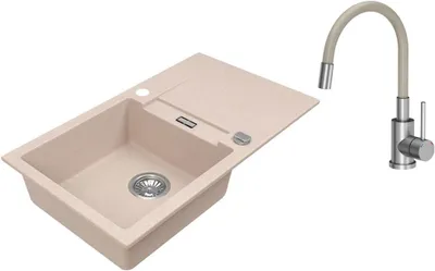Immagine prodotto di VBChome Lavello in granito 76 x 44 cm Beige con rubinetto flessibile Lavello da incasso a vasca singola Reversibile Speckled Lavello di facile manutenzione con sifone