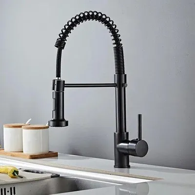 Imagen del producto de Grifo de cocina: grifo mezclador giratorio de 360 grados con manguera extensible para pulverizar, que combina agua caliente y fría