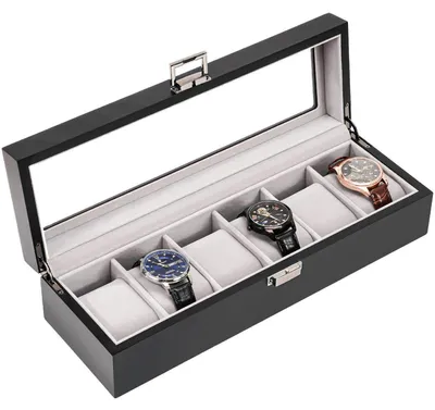 Image de Boîte à montres avec 6 compartiments, coffret à montres en bois avec couvercle en verre, coussinets pour montres, rangement pour hommes, noir