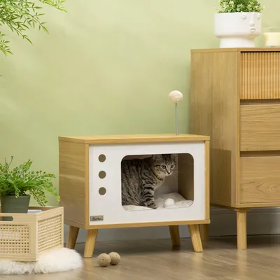 Produktbild von Katzenhöhle im TV-Design, Katzenhaus Beistelltisch, Spanplatte Kurzplüsch, Eiche Beige Weiß | 50 x 28 x 43 cm | 5,9 kg | waschbares Kissen