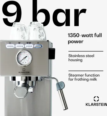 Obrázek produktu pro Klarstein Pausa, espresso kávovar, portafiltr, 1350 W, 7-9 bar, 1,4 l, stříbrný