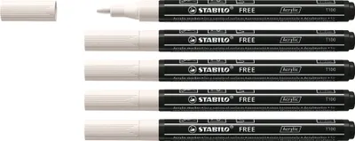 Obrázek produktu pro Akrylový popisovač - STABILO FREE Akryl - T100 kulatý hrot 1-2 mm - 5 bílých barev