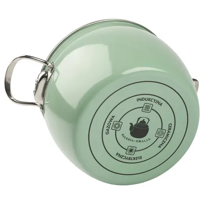 The bottom of a green enamel pot is shown, with text and icons indicating its compatibility with different stovetops.