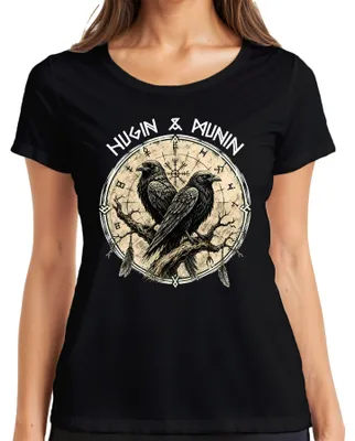Produktbild von Wikinger Raben Odin Huginn Muninn Vegvisir Nordische Mythologie Damen T-Shirt, Schwarz, 3XL