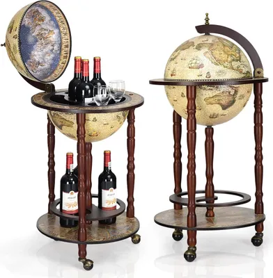 Produktbild von Globus Bar Barwagen, Minibar Globus Hausbar, Servierwagen mit antikem Design, Weinregal auf Rollen, Tischbar Cocktailbar Barschrank Globus (Beige)