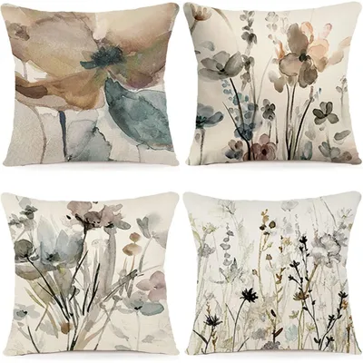 Produktbild von Kissenbezug 60x60 cm Aquarell Blumen Leinen-Mischgewebe 4er Set