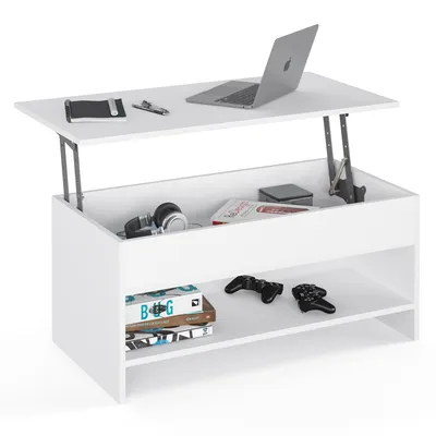 Produktbild von KOMTO Couchtisch Höhenverstellbar Wohnzimmertisch mit Stauraum Aufklappbar Sofatisch für Wohnzimmer Kaffeetisch Stubentisch 98,4x50,4x48 cm Weiß