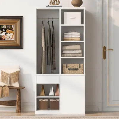 Produktbild von MODFU Kleiderschrank Weiß,Aufbewahrungsschrank mit großer Kleiderstange, Stauraumschrank mit offenen Regalfächern und 4 Schubladen, 70 × 50 × 170 cm