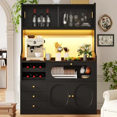 Obrázok produktu pre Skriňa do kuchyne, 120 cm, čierna, s RGB LED osvetlením, posuvnými sklenenými dvierkami, policou na víno a 3 zásuvkami, materiál: MDF a kov, rozmer: 120 x 40 x 180 cm