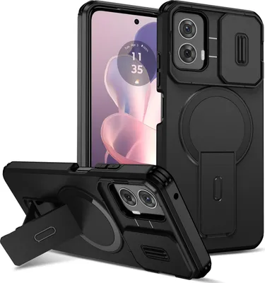 Image de Etui magnétique pour Motorola Moto G Power 2024 5G, étui durable double couche avec protection coulissante de l'appareil photo et support ajustable Noir