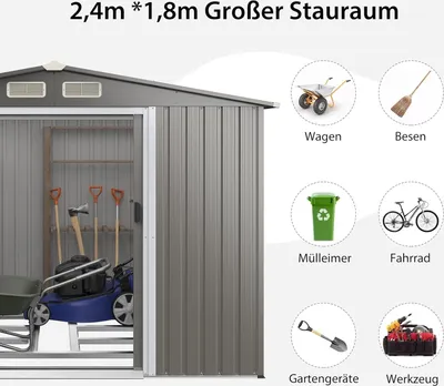 A marketing image showing a garden shed with various garden tools and equipment, along with icons representing items that can be stored in the shed.