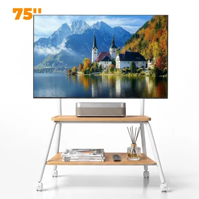 Image de Support mural pour télévision, avec roulettes, pour écrans de 42 à 75 pouces, compatible VESA jusqu'à 450x400, capacité de charge maximale de 60 kg, équipé de roulettes et de deux étagères
