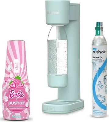 PUSHAIR Dafi saturator wody miętowy syfon + nabój CO + butelka 0,7 l + PUSHAIR BARBIE syrop 500 ml
