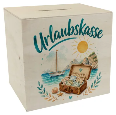 Produktbild von Spardose Holz Urlaubskasse - Holzspardose mit Urlaubsmotiv Mit Spruch: