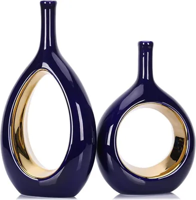 Imagen del producto de Jarrón de 30 cm de altura, color azul y detalles dorados, juego de 2. Jarrones de cerámica modernos y pequeños, ideales para decorar mesas. Jarrones redondos de estilo bohemio, perfectos para decorar con plumas de pampa. Jarrones para arreglos florales tipo ikebana, aptos para salones, alféizares de ventanas, mesas de comedor y decoración del hogar