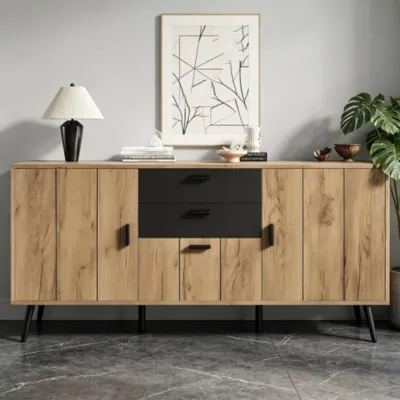 Produktbild von Kommode Für Wohnzimmer, Sideboard Schrank,2 Schubladen, 3 Türen, Beistellschrank Fur Wohnzimmer Esszimmer Küche,140x35x67cm