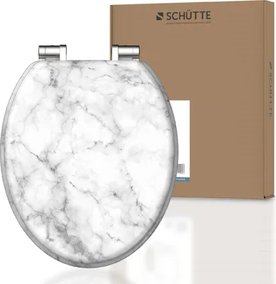A marble-patterned toilet seat is shown in front of its packaging.