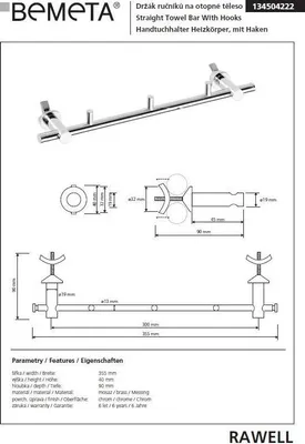 Immagine prodotto di Gancio per radiatore con 3 ganci in cromo RAWELL 35,5x4x9 cm BEMETA