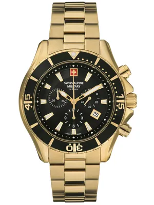 A product shot of a gold Swiss Alpine Military watch with a black dial.