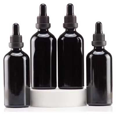 Zdjęcie produktu dla Czarne szklane butelki z kroplomierzem, pojemność 100 ml - zestaw 4 sztuk