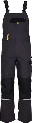A pair of black work overalls with yellow accents.