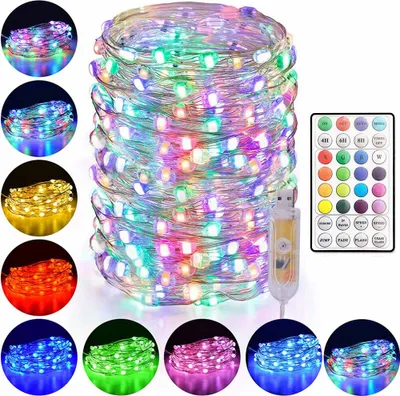 A collage of images showing different colors of LED string lights, a remote control, and a USB connector.