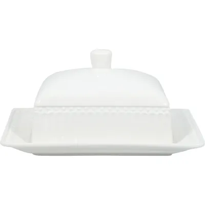 A white ceramic butter dish with a lid, presented on a white background.