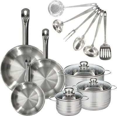 Image de Batterie de cuisine avec 3 poêles 20/24/28 cm et 3 faitouts 16/20/24 cm et 6 ustensiles de cuisine Fackelmann Etherna Brillant Oxford