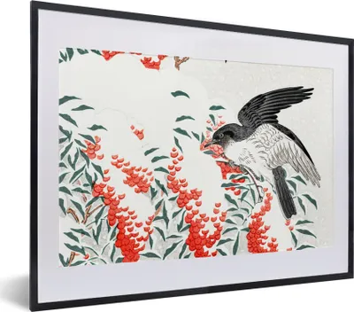 Produktbild von MuchoWow® Gerahmtes Poster Vogel - Beere - Japanisch 40x30 cm - Poster mit Schwarzem Bilderrahmen Wandposter Rahmen Foto Bilder - Bilderrahmen - Poster im Rahmen