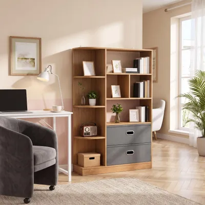 Produktbild von Bücherregal mit 8 Ebenen und 2 Stoffschubladen, Aufbewahrungsregal Standregal, Bücherschrank, 80 × 24 × 115 cm, Braun