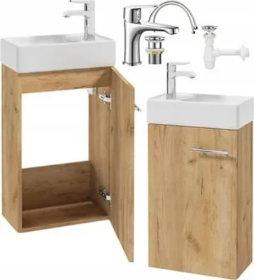 Zdjęcie produktu dla Naścienna szafka łazienkowa z ceramiczną umywalką 40 cm, dębowe wykonanie, oszczędność miejsca