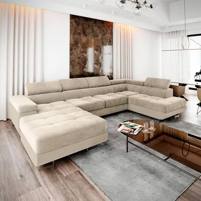 Zdjęcie produktu dla Masseno Narożnik CASONE R-S z funkcją spania i pojemnikiem na pościel Kształt U, Rozkładana sofa, Rogówka - Kremowy, MONOLITH 04