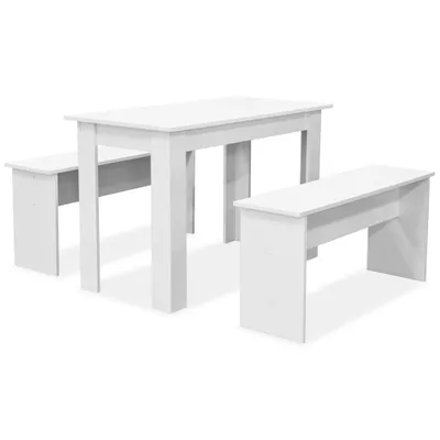 A white dining set consisting of a table and two benches, presented on a white background.