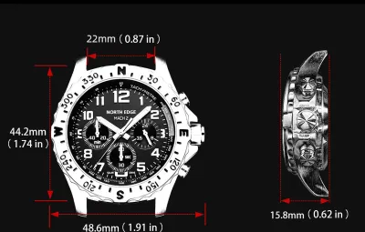 Obrázek produktu pro Pánské hodinky North Edge se solárním pohonem, outdoorové hodinky z nerezové oceli, elektronický chronograf, hodinky se solárním pohonem, 180denní rezerva chodu, hodinky inspirované piloty