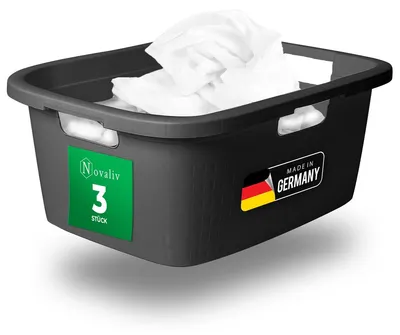 Produktbild von Novaliv 3er-Pack Wäschewanne mit 3 Griffen 25L Anthrazit, Wäschebox Set Wäscheeimer Wäschebehälter für Bad Wäsche Schmutzwäsche, Wäschewannen Laundry Basket Aufbewahrung Korb Sammler Box